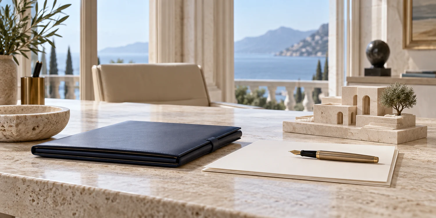 An elegant ivory workspace with a navy portfolio, fountain pen and architectural model