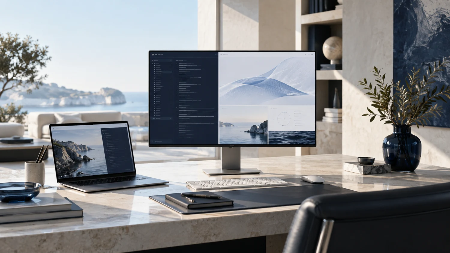 Illustrative professional software workspace with computer displays